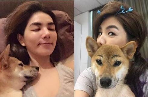 Ella晒搞怪自拍照撞脸宠物狗