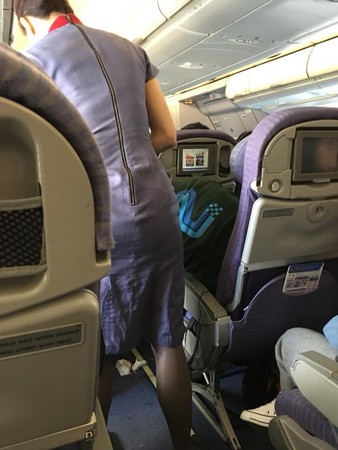 　　女子在往香港的飞机上，喝到烂醉狂吐。（图片来源：脸谱网）