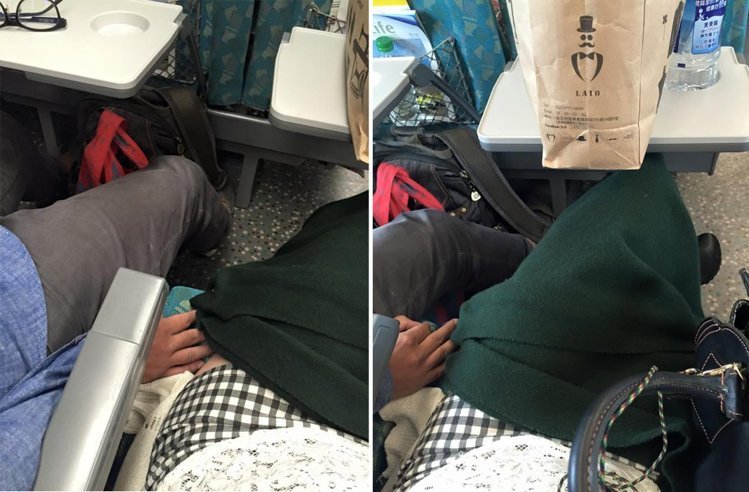台湾正妹高铁遭装睡男子摸大腿，晒照求人肉渣男。（图/联合新闻网）