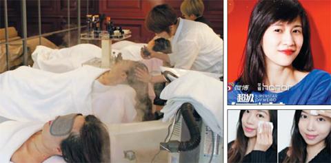 今年3月,在首尔新沙洞林荫道,中国“网红”们正在接受爱茉莉太平洋用韩方洗发水产品进行的头皮护理。右上方的图片,是papi酱上月16日在上海进行的粉丝见面会海报。下方的图片是“网红”周倩晗今年3月在自己微博上发布的韩国化妆品体验后记。