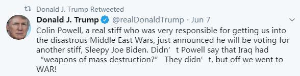 2020年6月7日,美国前总统特朗普在社交媒体“推特”上指责美国前国务卿鲍威尔。图片来源:特朗普社交媒体截图