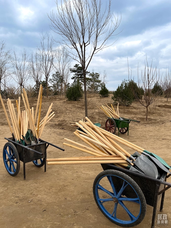 △植树现场的铁锹。(总台央视记者赵化拍摄)