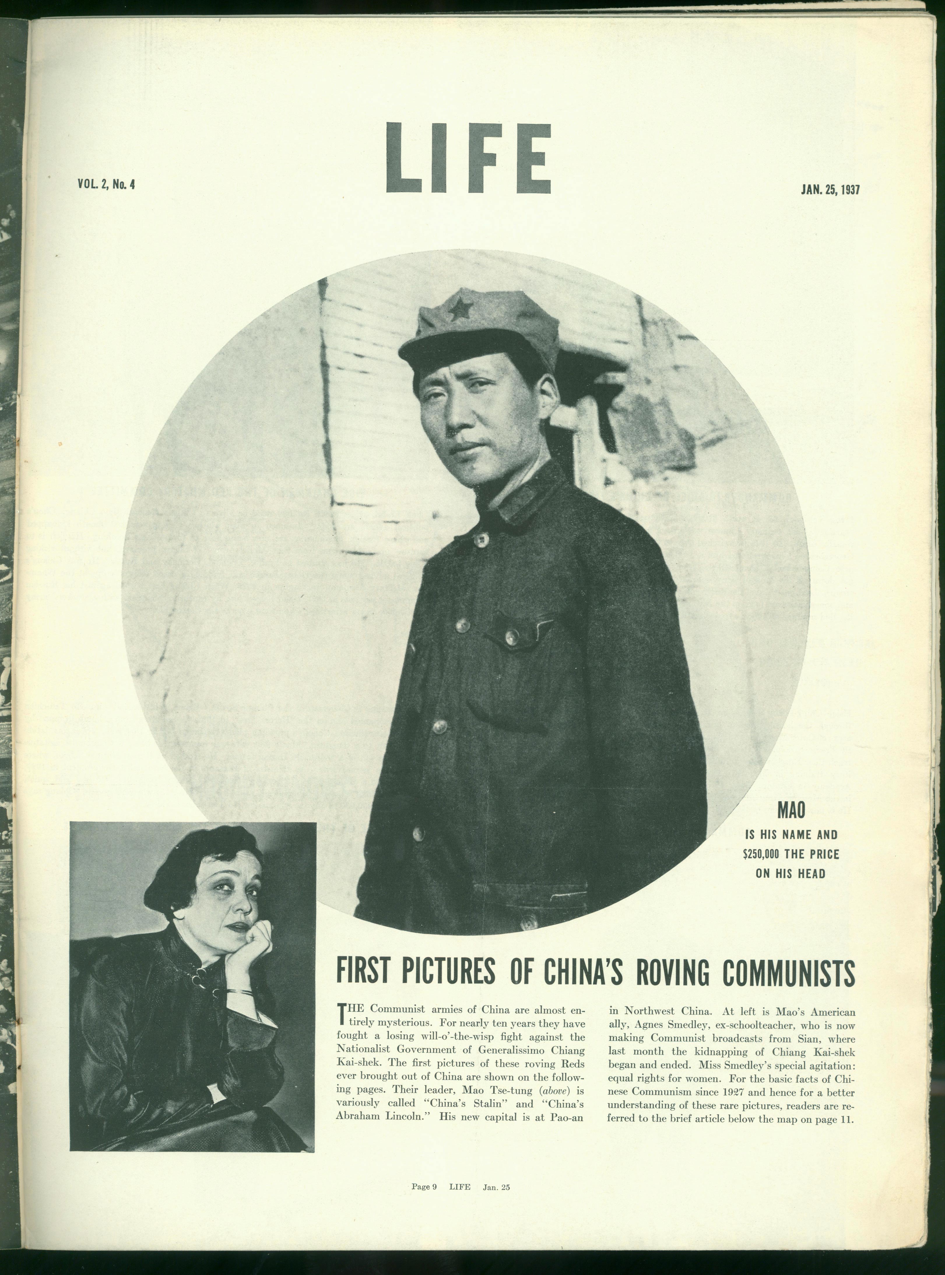 1937年1月25日,美国《生活》周刊刊登毛泽东照片,照片右下方写着一行字:“毛,这是他的名字,他的人头价值25万元。”