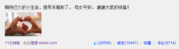 王力宏在微博中写到,“起到已久的小生命,提早来报到了。母女平安。谢谢大家的祝福!” 王力宏在微博中写到,“起到已久的小生命,提早来报到了。母女平安。谢谢大家的祝福!”