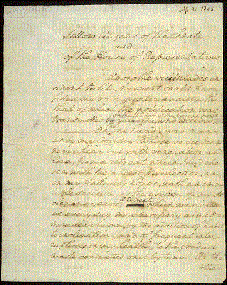 资料图:美国首任总统华盛顿在1789年的就职讲话稿。