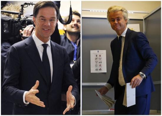 票站调查显示,吕特(左)领导的执政党抛离维尔德斯(右),赢得大选。