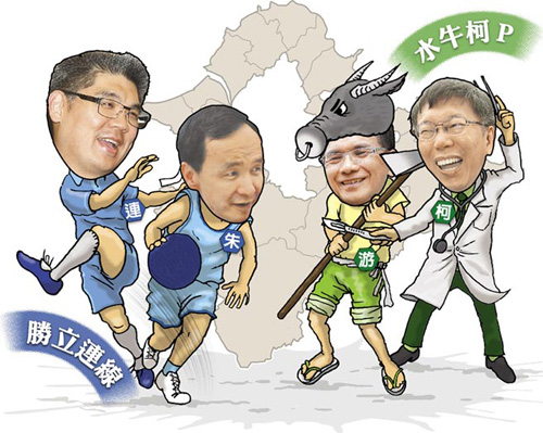 胜立连线与水牛柯P。连胜文朱立伦与游锡堃柯文哲
