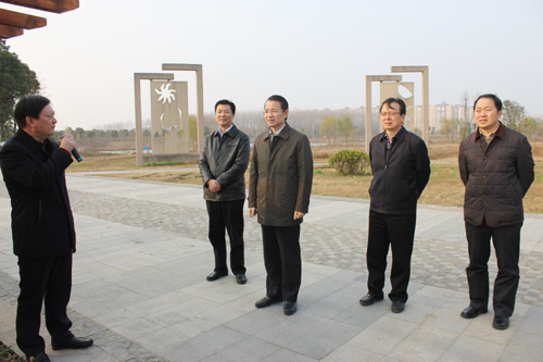 图为杨根平一行在仪征市枣林湾生态园实地调研世园会选址情况.