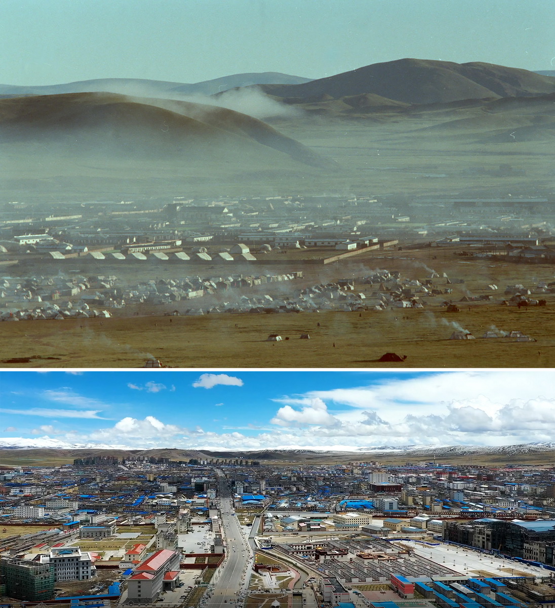 拼版照片:上图是20世纪80年代的西藏那曲地区行署所在地那曲镇(新华社